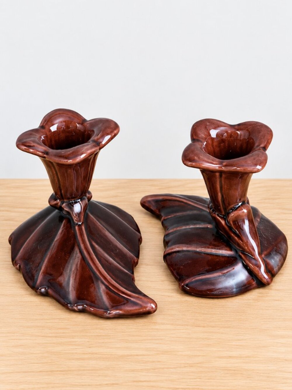 Vintage Majolica Brown Ceramic Flower Leaf Candlestick Holders Pair Glazed 3" H